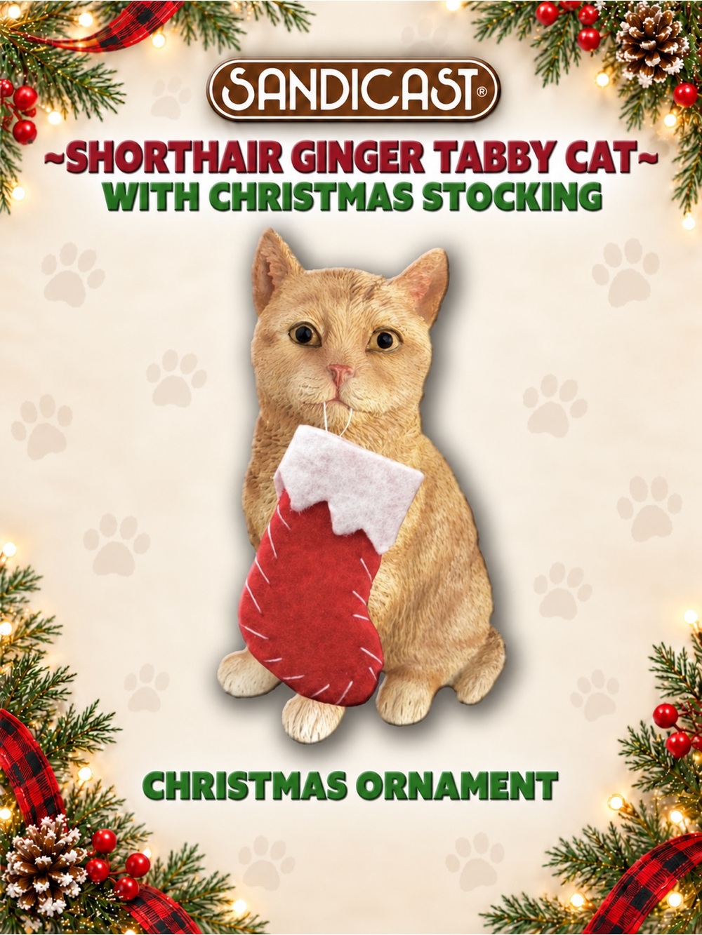 Sandicast Ginger Tabby American Shorthair Cat w/Stocking Christmas Tree Ornament